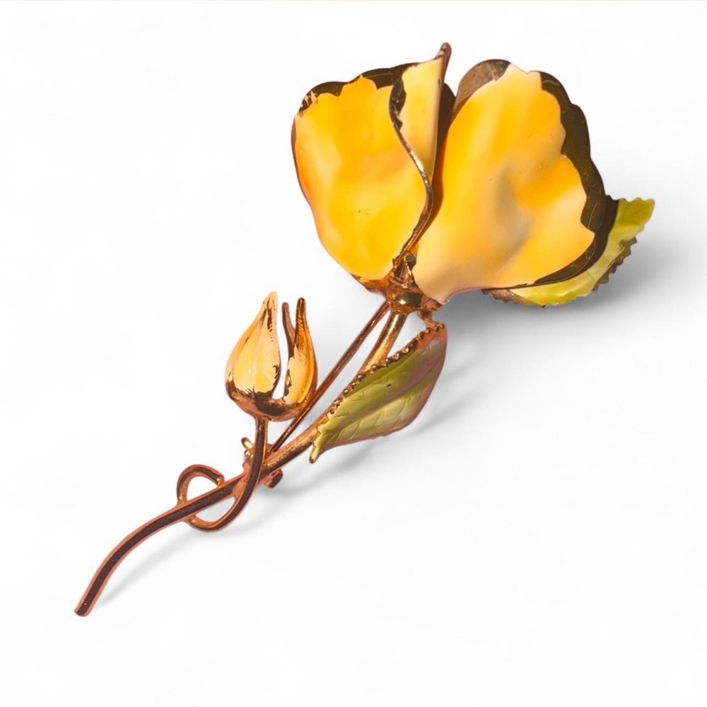 Vintage Yellow Rose Enamel Brooch Gold Tone Floral Pin Mid Century 1950s 60s